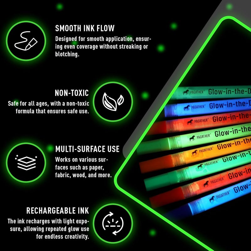 Pagather 8 Colors Glow in the Dark Markers – 2mm Round Tip Neon Fluorescent Paint Pens for Rock Painting, Fabric, Glass, Wood, and DIY Crafts - Image 2
